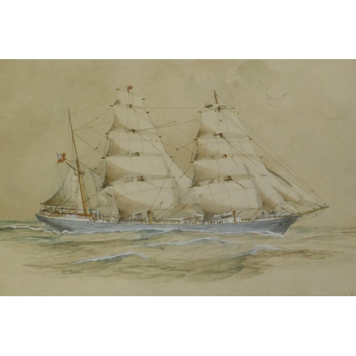 899 - J.E. Cooper, Inverneill, a three masted steel hull barque, watercolour, signed, 25 x 16cm