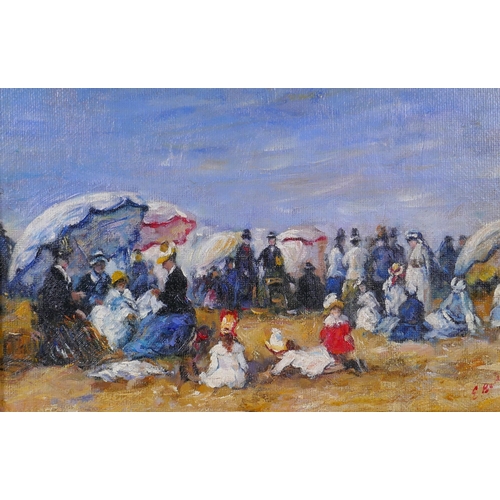 905 - After Eugene Boudin, (French, 1824-1898), beach scene, oil on board, 35 x 25cm