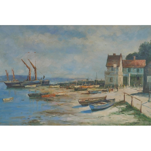 908 - Boats moored on the Thames Estuary, initialled E.S. (Edward Scrope Shrapnel?), oil on board, with a ... 