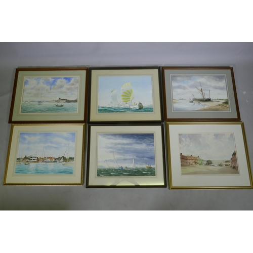 910 - Five watercolours depicting boating scenes, monogrammed JB, and a print by Stanley Orchart, Bucklers... 