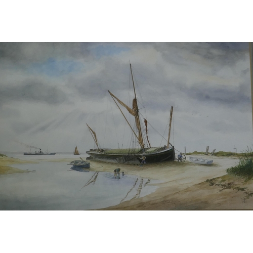 910 - Five watercolours depicting boating scenes, monogrammed JB, and a print by Stanley Orchart, Bucklers... 