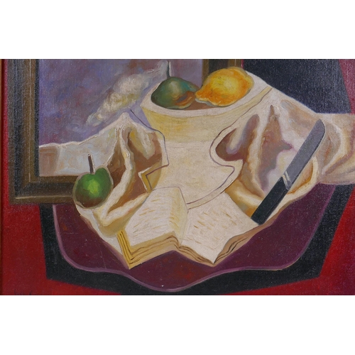 912 - In the manner of Juan Gris, (Spanish 1887-1927), Cubist still life, oil on canvas board, 50 x 40cm