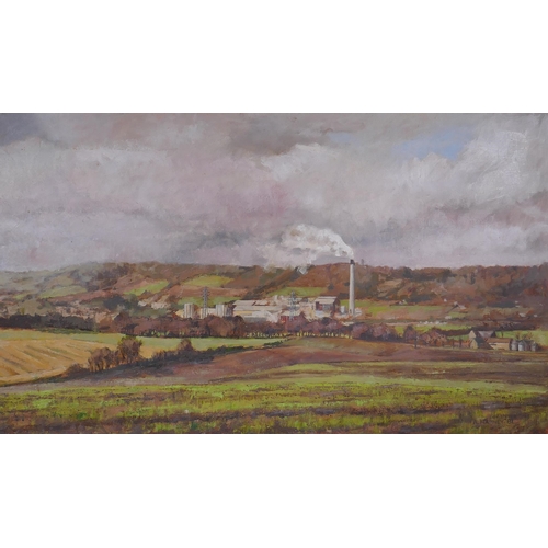 914 - Arthur Harney, North Downs with cement works, Halling, 1981, oil on canvas, 91 x 53cm