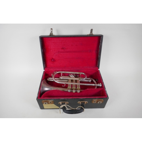 93 - A silver plated Boosey & Hawkes Regent coronet, boxed, 33cm long