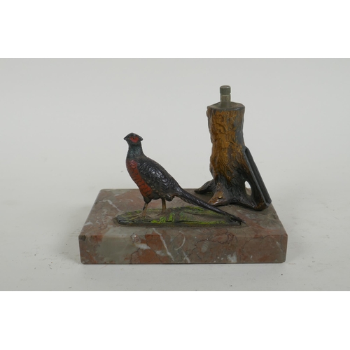 97 - A cold painted bronze pheasant table lighter, 13cm long 10cm high