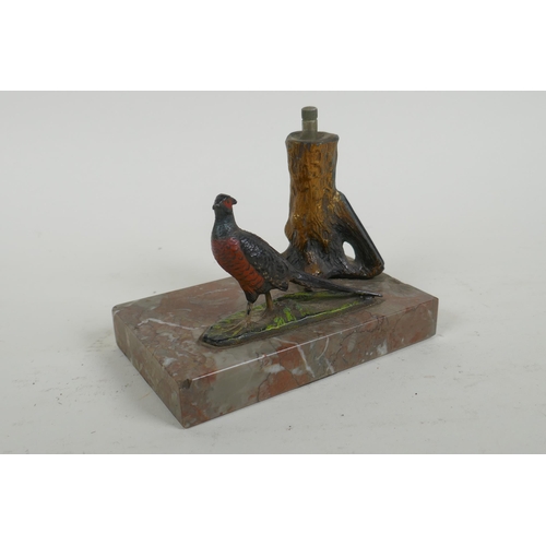 97 - A cold painted bronze pheasant table lighter, 13cm long 10cm high