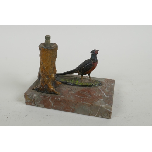 97 - A cold painted bronze pheasant table lighter, 13cm long 10cm high