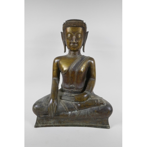 5 - An C18th (?) bronze Buddha, probably Burmese, with historic repairs, 46cm high