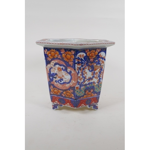 23 - A C19th Chinese Imari porcelain planter of hexagonal form, with phoenix and floral decorative panels... 