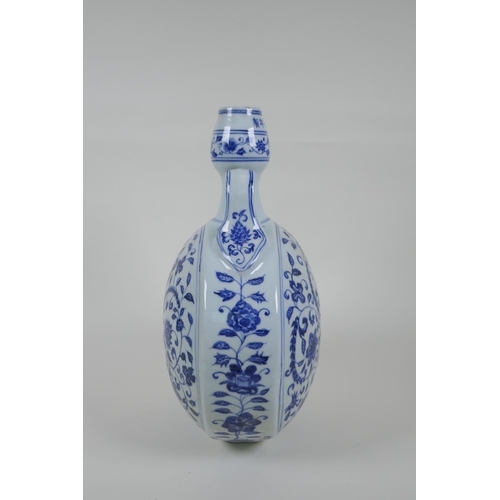 62 - A blue and white moon flask with two handles and scrolling floral decoration, Chinese Xuande 6 chara... 