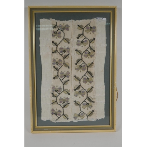 65 - A C19th embroidery of a floral vine, with gilt thread details, framed, 26 x 42cm