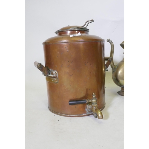 106 - An antique GWR copper water cistern, 32cm high, brass whale oil lamp, copper gallon can etc