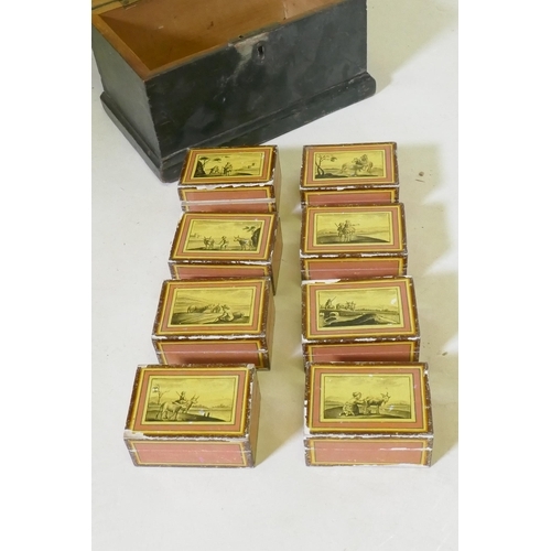 110 - Eight Continental gaming counter boxes, with hand painted decoration and stained box counters