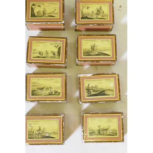 110 - Eight Continental gaming counter boxes, with hand painted decoration and stained box counters