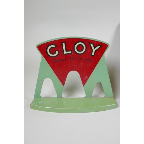 151 - A 1970s Gloy glue hand painted shop display stand, and a 70s hand made Ouija board, 41 x 37cm