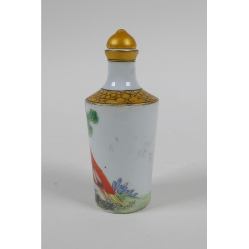 214 - A Chinese polychrome porcelain snuff bottle, decorated with an erotic scene, 3 character mark to vas... 