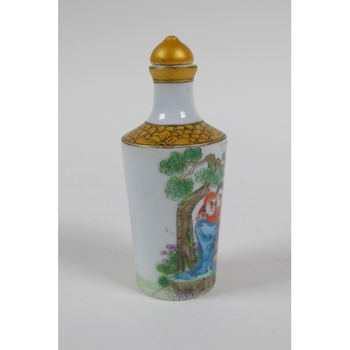 214 - A Chinese polychrome porcelain snuff bottle, decorated with an erotic scene, 3 character mark to vas... 