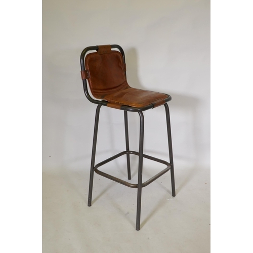 1116 - A Charlotte Perriand style tubular metal and chestnut leather bar stool, 106cm high