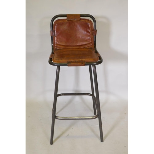 1116 - A Charlotte Perriand style tubular metal and chestnut leather bar stool, 106cm high