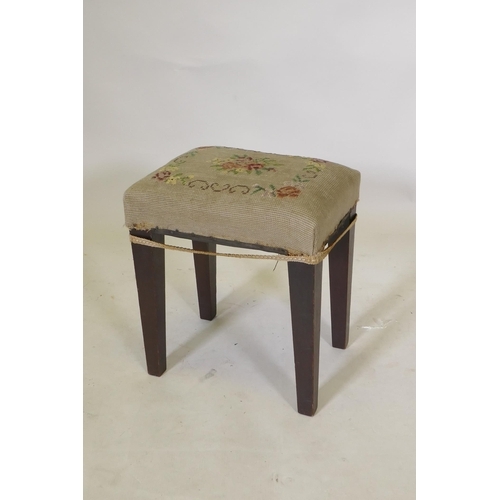 1115 - A Georgian mahogany stool with tapestry cover, 30 x 23cm, 36cm high