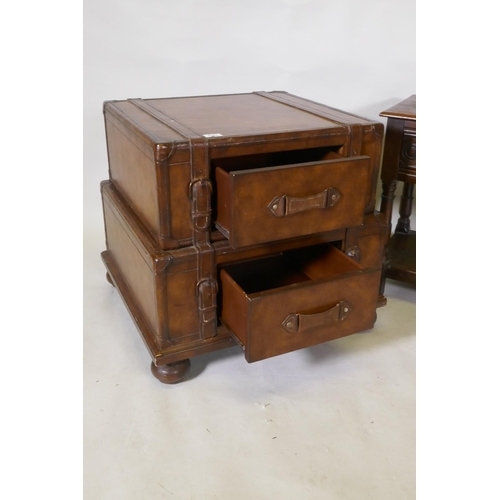 1091 - A leather two drawer chest in the form of suitcases, and an oak single drawer side table, 64 x 59cm,... 