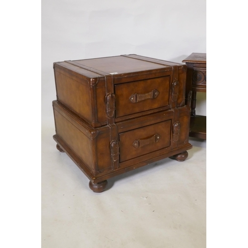 1091 - A leather two drawer chest in the form of suitcases, and an oak single drawer side table, 64 x 59cm,... 