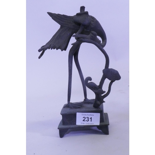 231 - Antique oriental bronze figure of a crane, AF, losses, and candle holder in the form of a dragon, 19... 