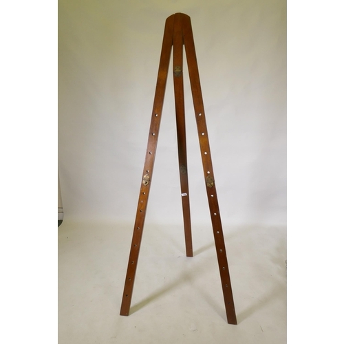 1084 - C19th folding teak easel, possibly military/campaign, 100cm long, 184cm extended, AF back hinge lack... 