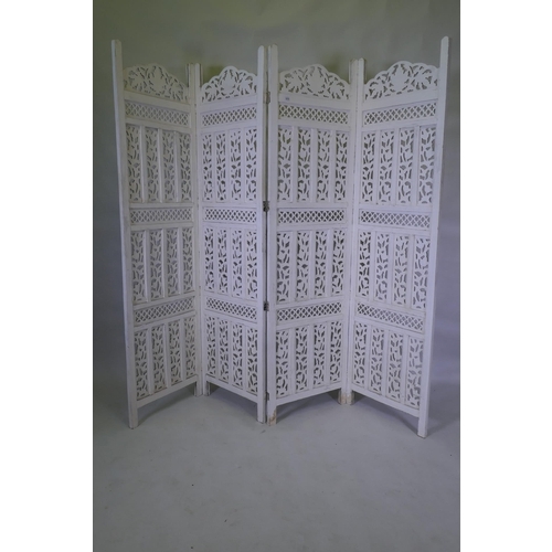 1070 - Antique painted hardwood four fold Moorish screen with pierced fret panels, each panel fold 50 x 182... 