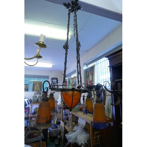 1049 - An early C20th French Muller Freres Luneville painted wrought iron and glass chandelier, 1 shade rep... 