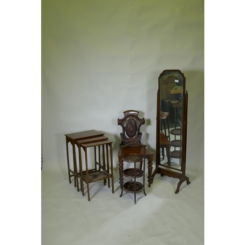 1037 - A cheval mirror, 142cm high, piano stool, cane stool etc