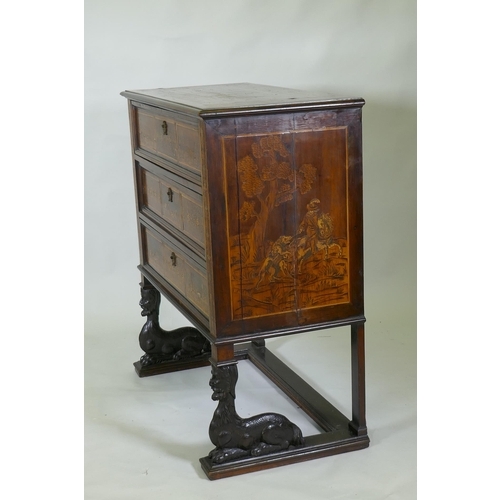 1018 - C18th/C19th Italian/Swiss marquetry inlaid walnut chest of three drawers, inlaid with hunting scenes... 