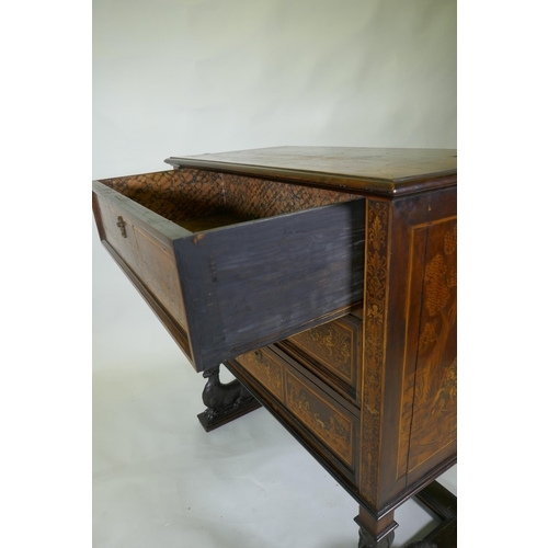 1018 - C18th/C19th Italian/Swiss marquetry inlaid walnut chest of three drawers, inlaid with hunting scenes... 