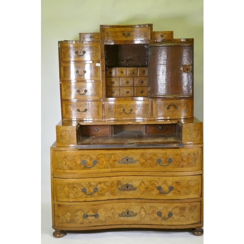 1012 - An C18th/C19th Continental walnut secretaire a trois corps, inlaid with burr walnut panels, the top ... 