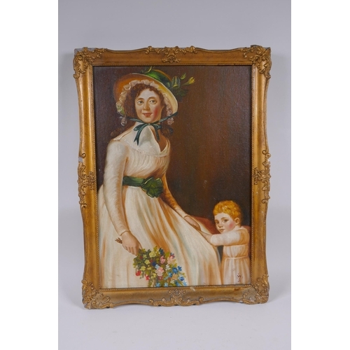 917 - Portrait of a woman and child, monogrammed, oil on canvas laid on board, 30 x 43cm