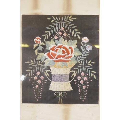 282 - A C19th silk embroidery of a basket of flowers, framed, silk 35 x 40cm