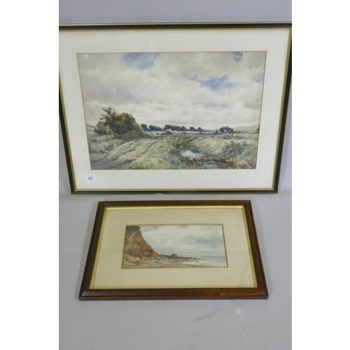 916 - P. Rendell, landscape with heathland, watercolour, signed, 53 x 37cm, and another, coastal scene, po... 