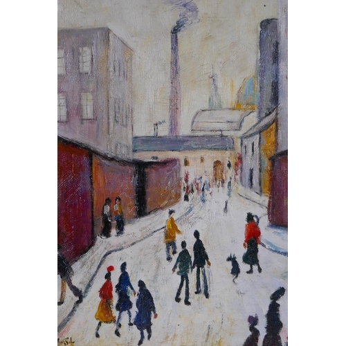 915 - In the manner of L.S. Lowry, street scene, oil on board, 30 x 40cm