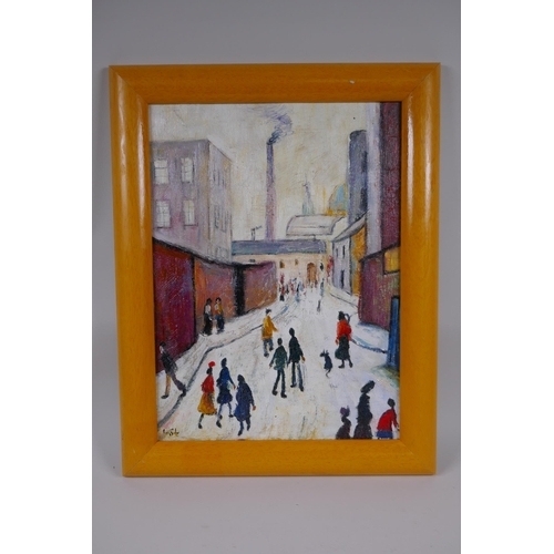 915 - In the manner of L.S. Lowry, street scene, oil on board, 30 x 40cm