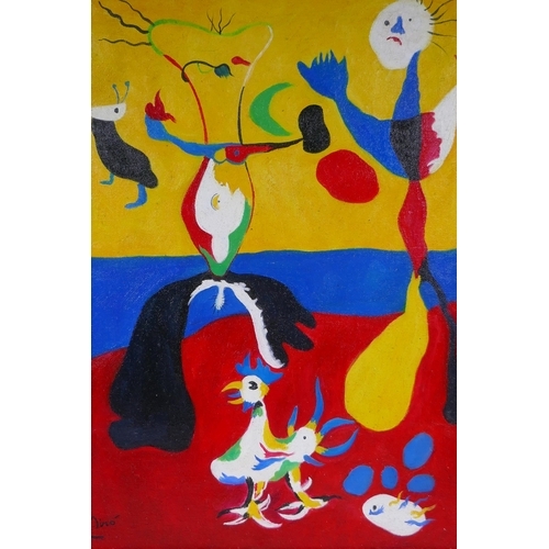 902 - In the manner of Joan Miro, (Spanish, 1893-1983), surrealist figural abstract, oil on board, 40 x 50... 