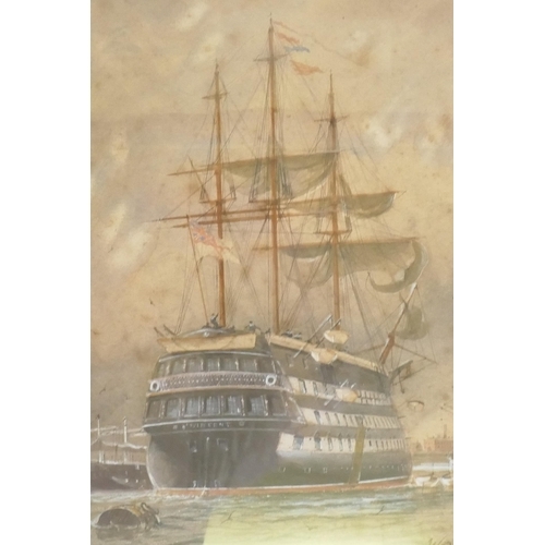 876 - W.E. Atkins, HMS Victory and St Vincent, a pair of watercolours of the ships at anchor, signed, 19 x... 