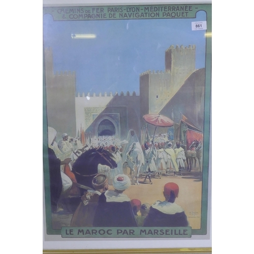 861 - After Bertuchi, a framed reproduction Moroccan themed travel poster, Tetuan, and two other of Fes, 4... 