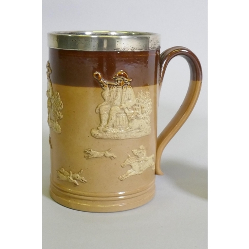 333 - Doulton Lambeth hunting tyg, jugs and tankard, with faults, tyg 15cm high