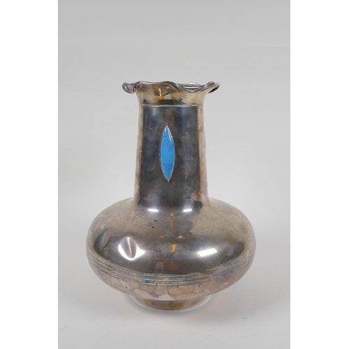 602 - An Art Nouveau white metal vase with lobed rim and set with turquoise style cabochons, 25cm high