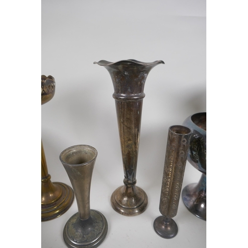 630 - A antique silver stem vase, Chester 1915, and a quantity of silver plate to include tazzas, jugs, go... 