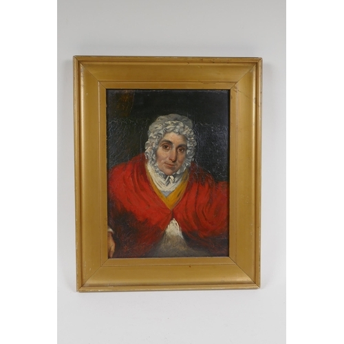 826 - An antique portrait of an old lady in a red shawl, oil on millboard, 21 x 28cm