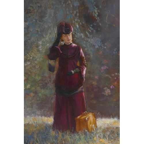 821 - P. Masco, young lady in a landscape, signed, oil on board, 59 x 79cm