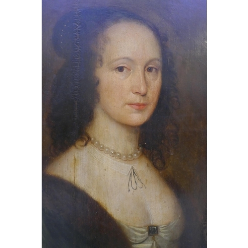 802 - Portrait of a woman with pearl necklace, unsigned, panel with later cradling support, possibly Conti... 