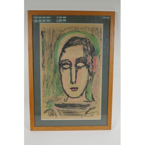 820 - After George Rouault, (French, 1871-1958), portrait of a lady, hand finished lithograph, 30 x 48cm