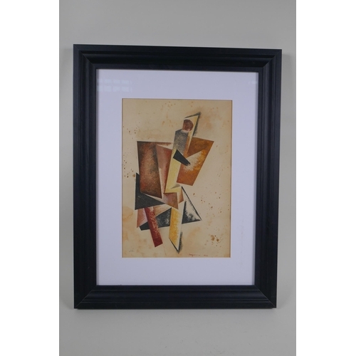 818 - A Russian Constructivist abstract figure, indistinctly signed and dated 1920?, watercolour, 20 x 29c... 